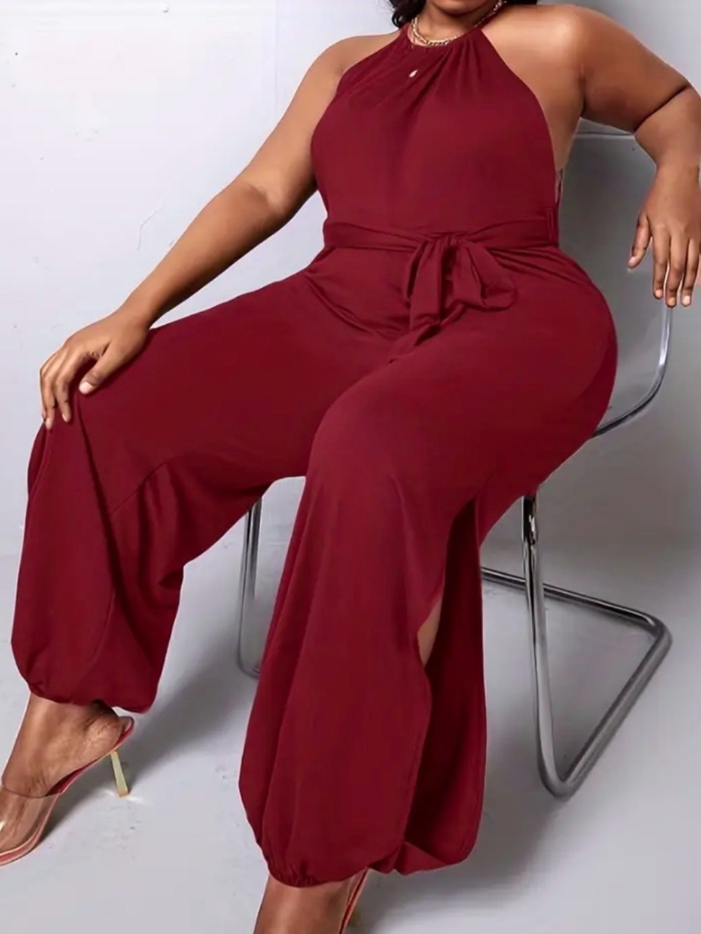 SHEIN Burgundy Halter Wide-Leg Jumpsuit with Tie Waist